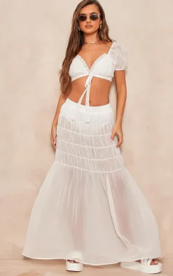 White Chiffon Shirred Tier Waist Maxi Skirt