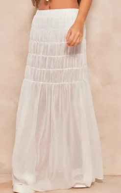 White Chiffon Shirred Tier Waist Maxi Skirt
