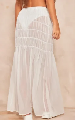 White Chiffon Shirred Tier Waist Maxi Skirt