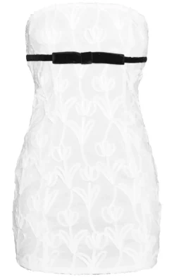 White Chiffon Textured Bandeau Bow Detail Mini Dress