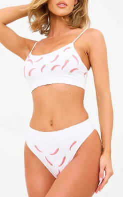 White Chilli Print Ribbed Scoop Neck Bralette