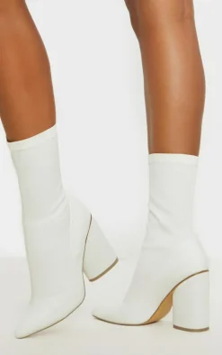 White Chunky Block Heel Sock Boot