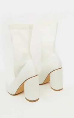 White Chunky Block Heel Sock Boot