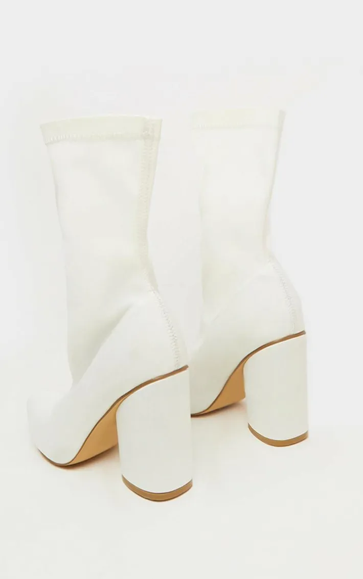 White Chunky Block Heel Sock Boot