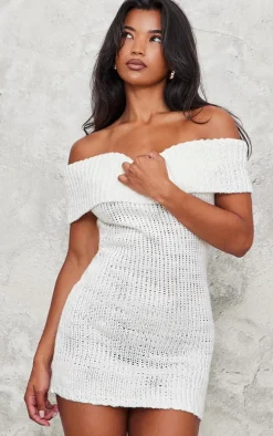 White Chunky Knit Foldover Bandeau Mini Dress