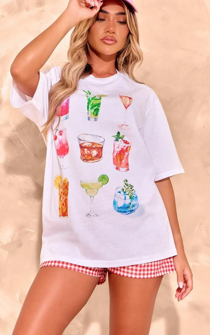 White Cocktail Printed Oversized T Shirt