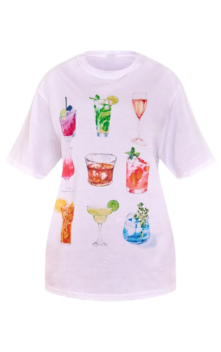 White Cocktail Printed Oversized T Shirt