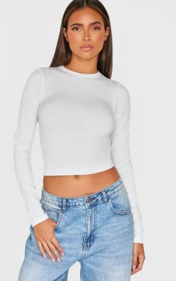 White Contour Pointelle Crew Neck Long Sleeve Top