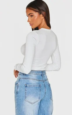 White Contour Pointelle Crew Neck Long Sleeve Top