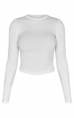 White Contour Pointelle Crew Neck Long Sleeve Top