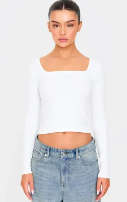White Contour Pointelle Square Neck Long Sleeve Top