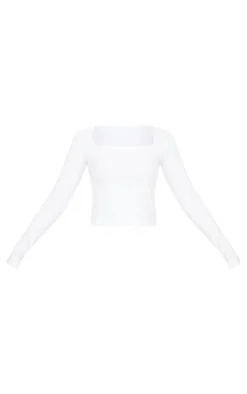 White Contour Pointelle Square Neck Long Sleeve Top