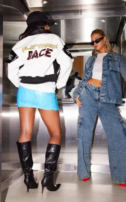 White Contrast Panel Racer Graphic Faux Leather Bomber Jacket