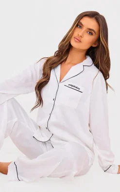 White Contrast Piping Satin Long PJ Set