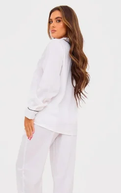 White Contrast Piping Satin Long PJ Set
