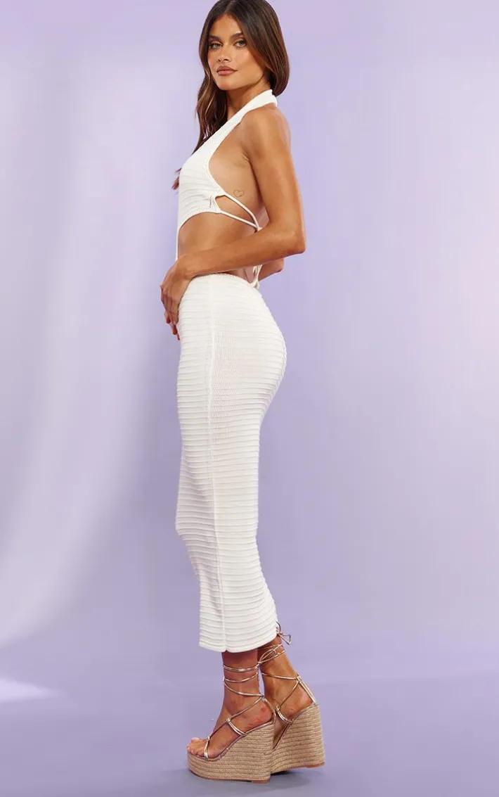 White Contrast Stitch Crochet Knit Maxi Dress