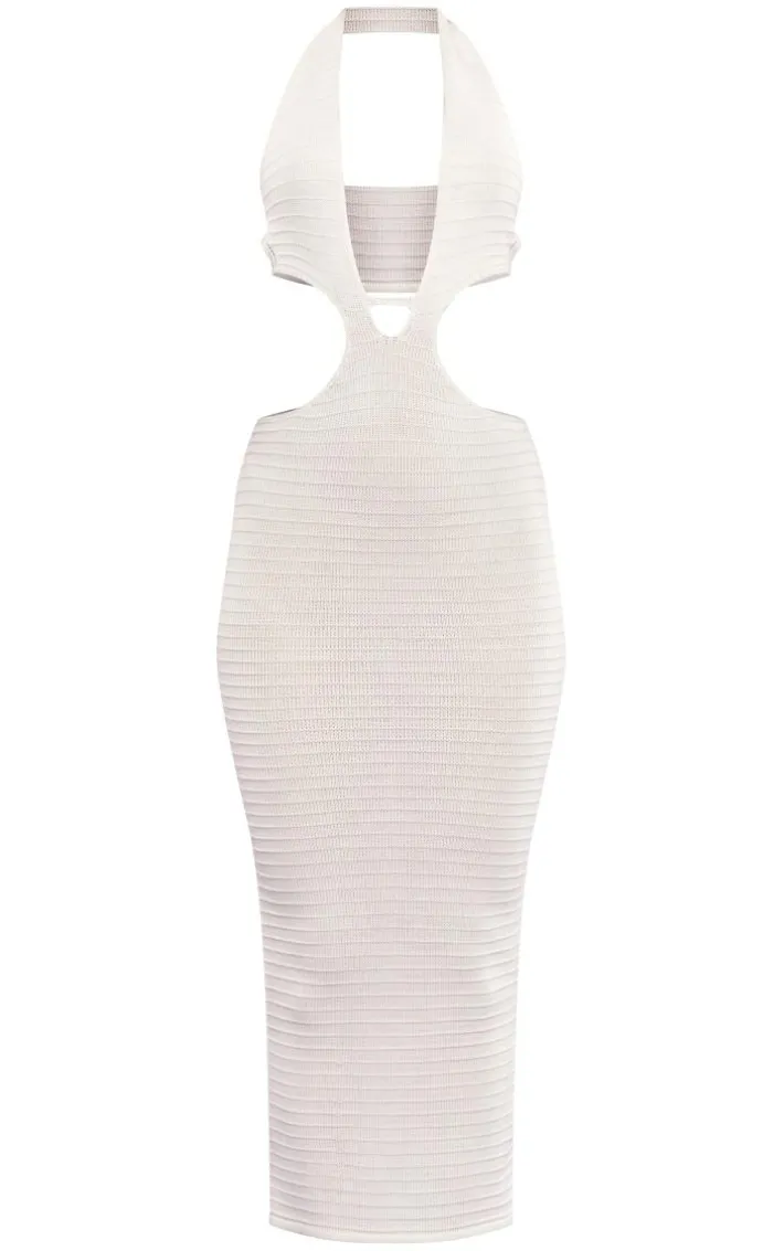 White Contrast Stitch Crochet Knit Maxi Dress