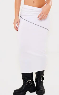 White Contrast Stitch Low Rise Midi Skirt