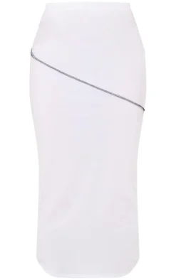 White Contrast Stitch Low Rise Midi Skirt