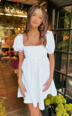 White Cotton Button Down Smock Dress