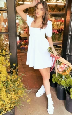 White Cotton Button Down Smock Dress