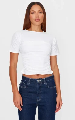 White Cotton Cinched Waist T Shirt
