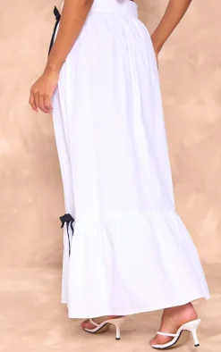White Cotton Poplin Bow Detail Maxi Skirt