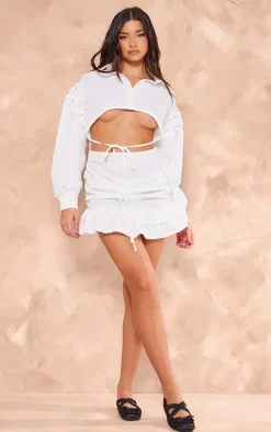 White Cotton Poplin Cut Out Frill Shirt Dress