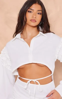 White Cotton Poplin Cut Out Frill Shirt Dress