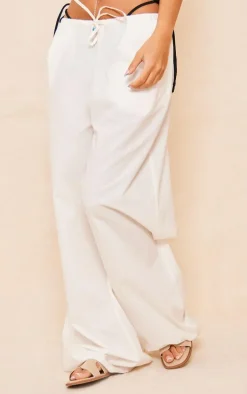 White Cotton Poplin Drawstring Straight Leg Pants
