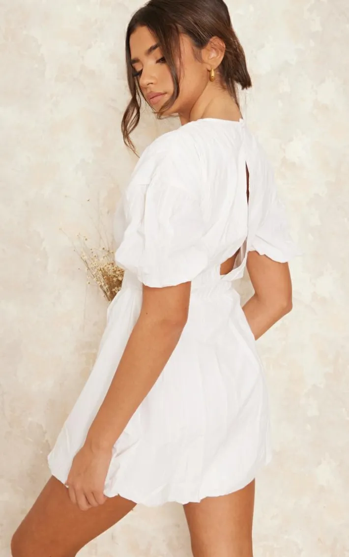 White Cotton Poplin Puff Sleeve Shift Dress
