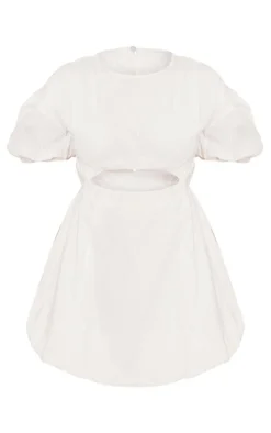 White Cotton Poplin Puff Sleeve Shift Dress