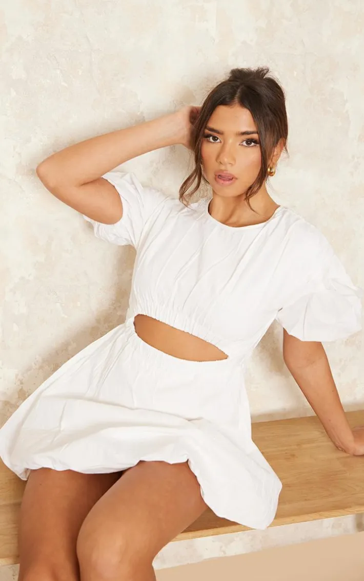 White Cotton Poplin Puff Sleeve Shift Dress