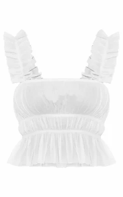 White Cotton Poplin Ruched Crop Top