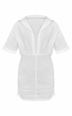 White Cotton Poplin Ruched Shirt Dress