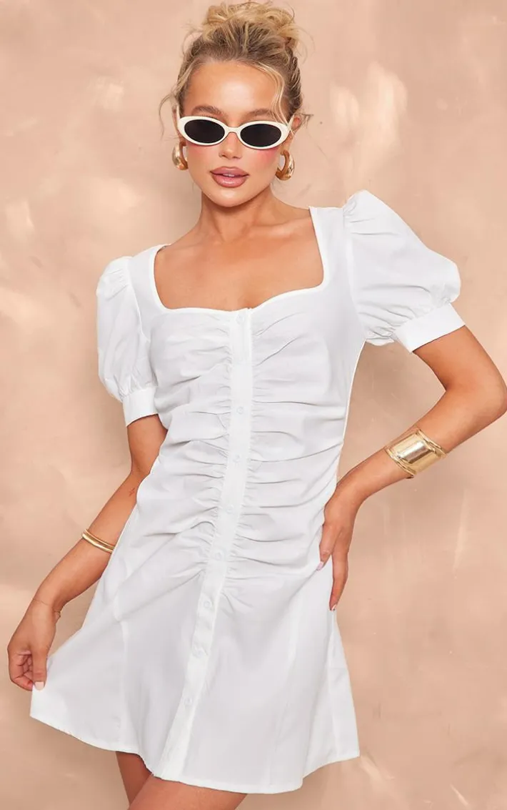 White Cotton Poplin Ruched Button Shift Dress