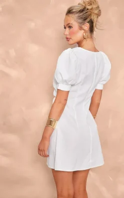 White Cotton Poplin Ruched Button Shift Dress