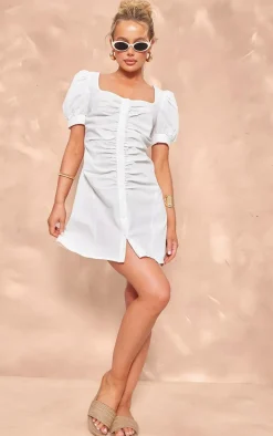 White Cotton Poplin Ruched Button Shift Dress