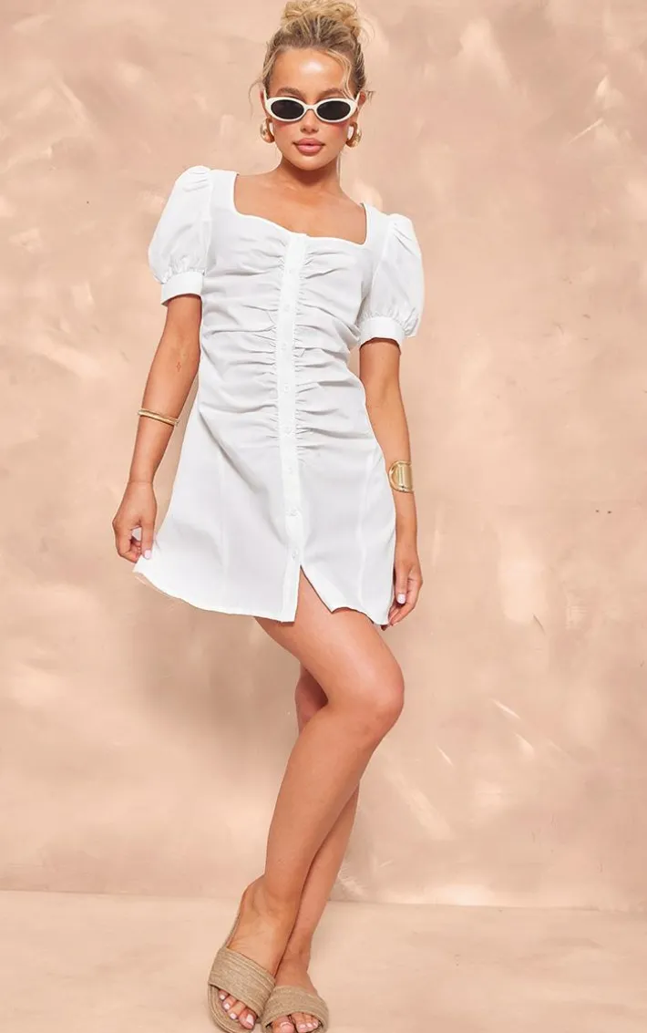 White Cotton Poplin Ruched Button Shift Dress