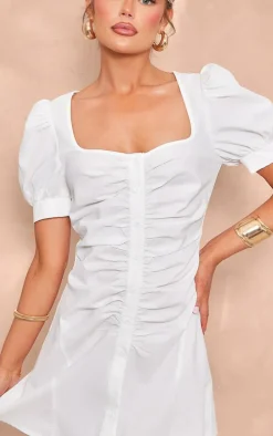 White Cotton Poplin Ruched Button Shift Dress