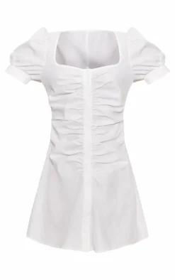 White Cotton Poplin Ruched Button Shift Dress