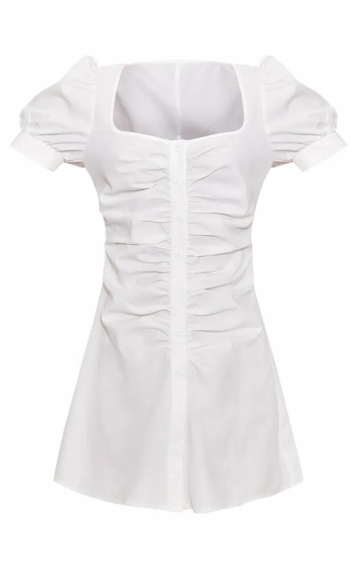 White Cotton Poplin Ruched Button Shift Dress