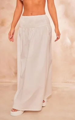 White Cotton Poplin Shirred Waist Floaty Maxi Skirt