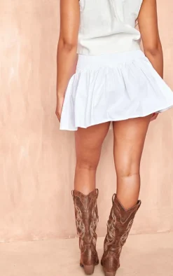 White Cotton Poplin Shirred Waist Mini Skirt