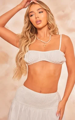 White Cotton Poplin Strappy Ruched Bralette