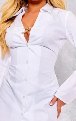 White Cotton Poplin Trim Detail Shirt Dress