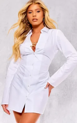 White Cotton Poplin Trim Detail Shirt Dress