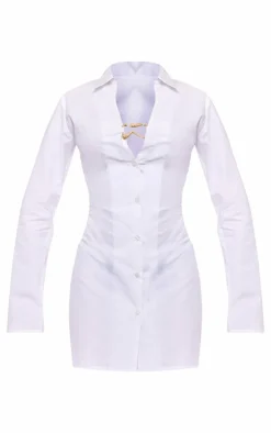 White Cotton Poplin Trim Detail Shirt Dress
