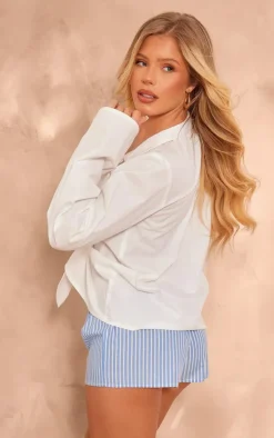 White Cotton Ruched Bow Shirt