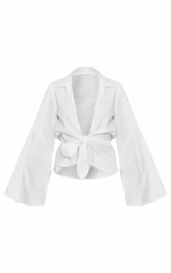 White Cotton Ruched Bow Shirt